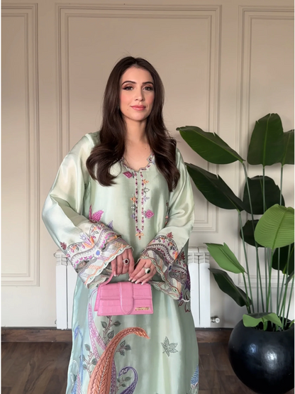 Mint Green Shisha Silk Embroidered Kaftan - Minal