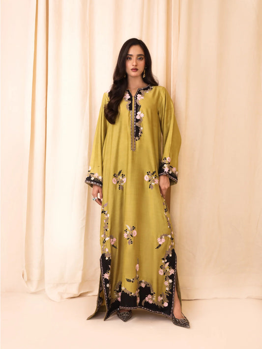 Olive Green Shisha Silk Embroidered Kaftan - Mehar