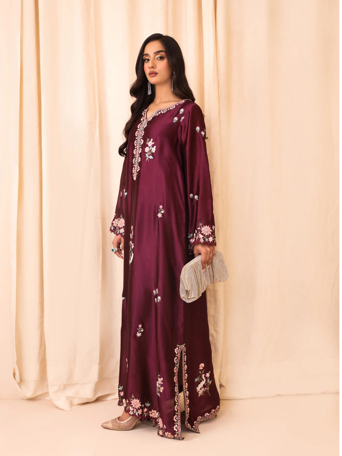 Silk Hand-Embellished Embroidered Kaftan - Reene