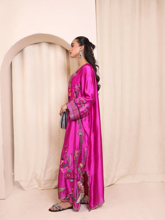 Reem Silk Embroidered Kaftan - Shocking Pink