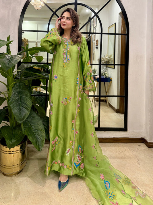 Light Green Silk Embroidered Kaftan - Raya
