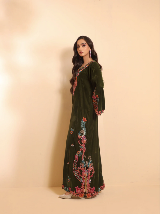 Olive Green Pure Velvet Embroidered Kaftan - Zara