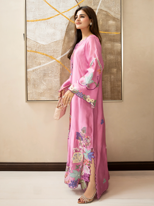 Pastel Pink Silk Embroidered Motif Kaftan with Tassels