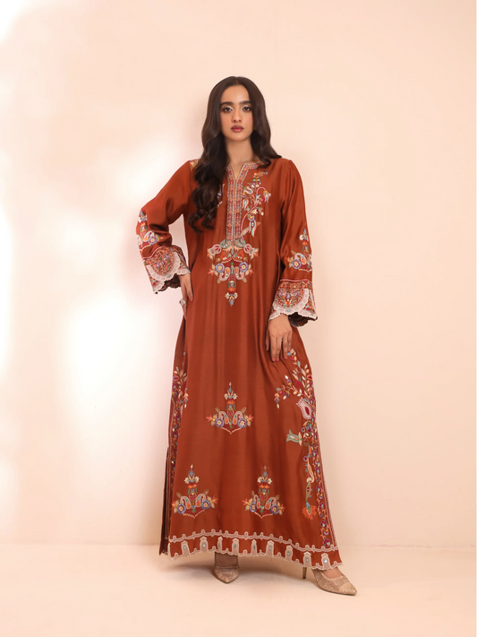 Rust Shisha Silk Embroidered Kaftan - Suriya