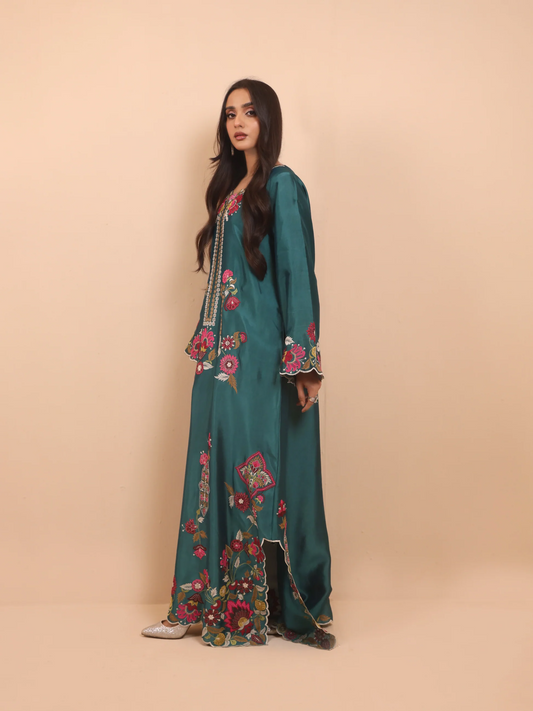 Emerald Green Silk Embroidered Kaftan - Nihaal