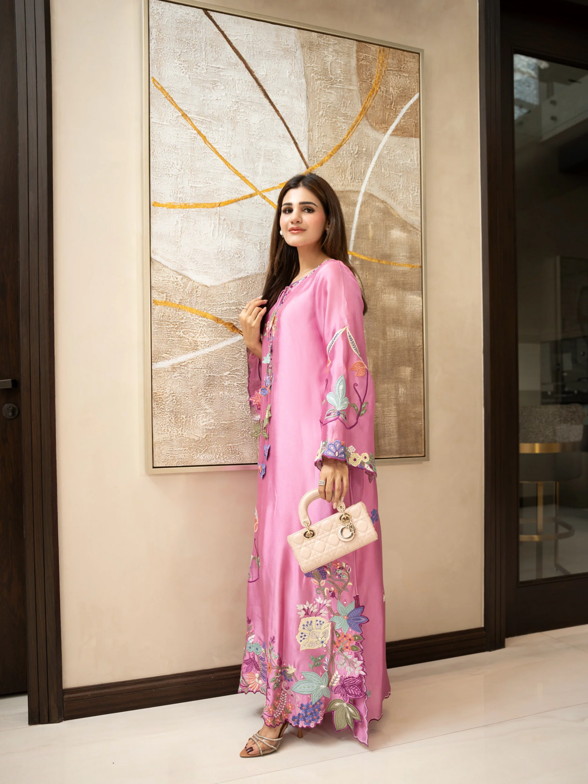 Pastel Pink Silk Embroidered Motif Kaftan with Tassels