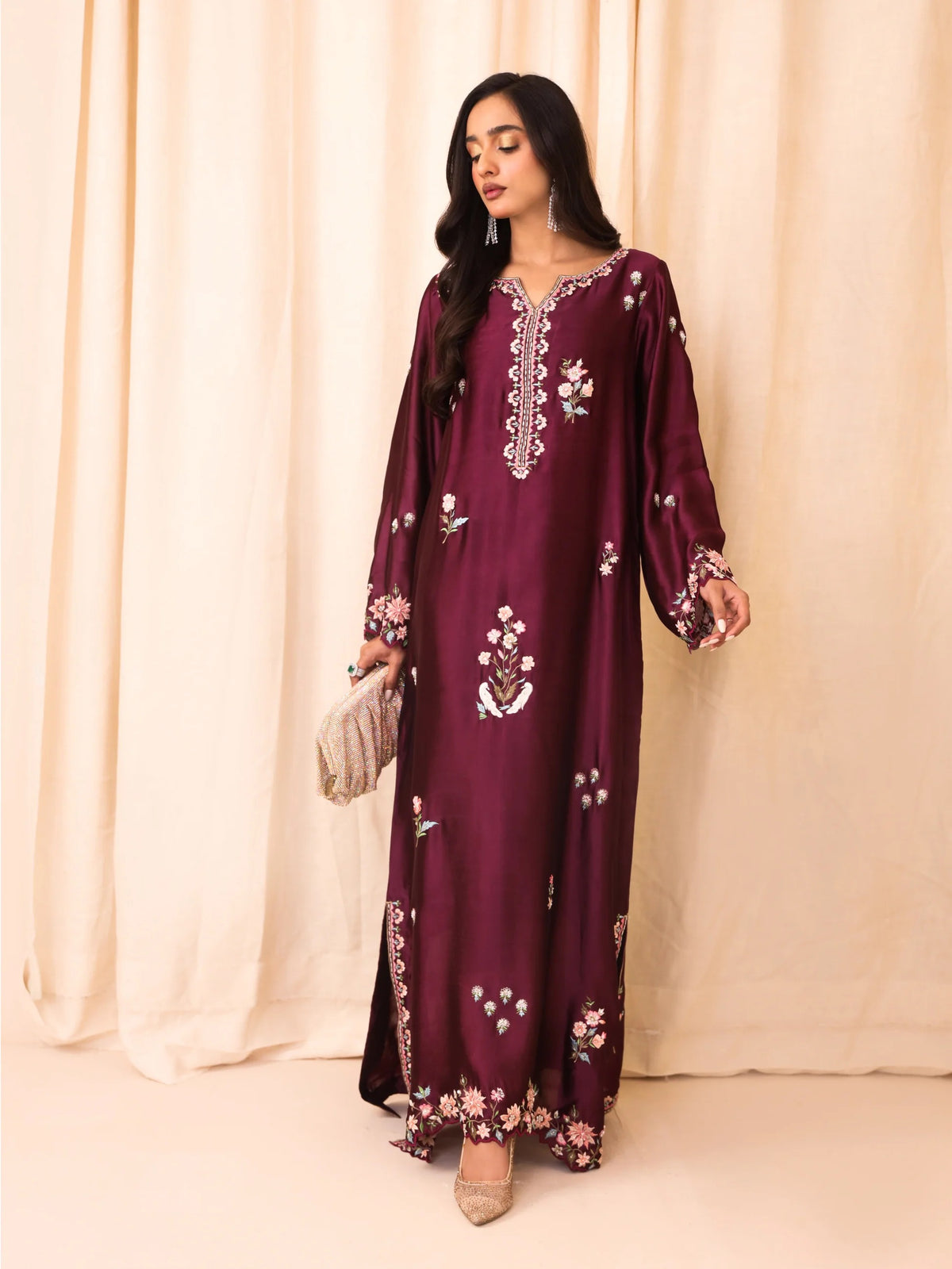 Silk Hand-Embellished Embroidered Kaftan - Reene