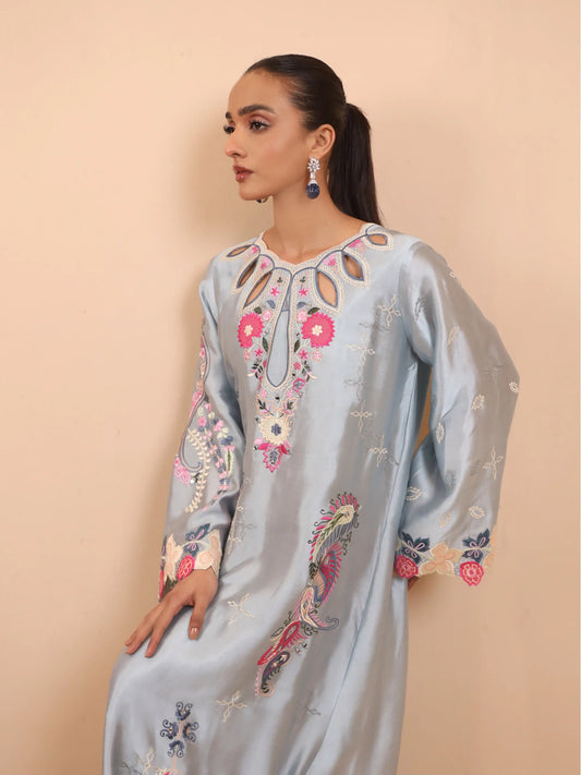 Ice Blue Sheesha Silk Embroidered Kaftan - Myra