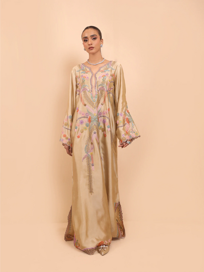 Champagne Beige Shisha Silk Embroidered Kaftan - Rahaa