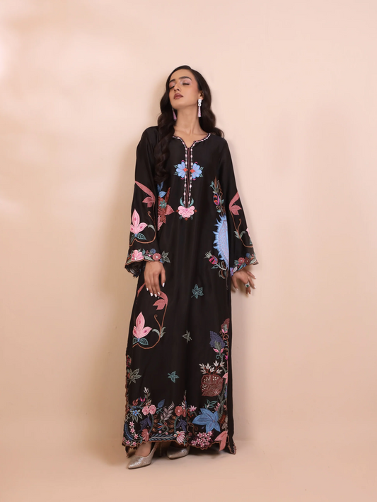 Black Silk Embroidered 3D Floral Kaftan - Mishka