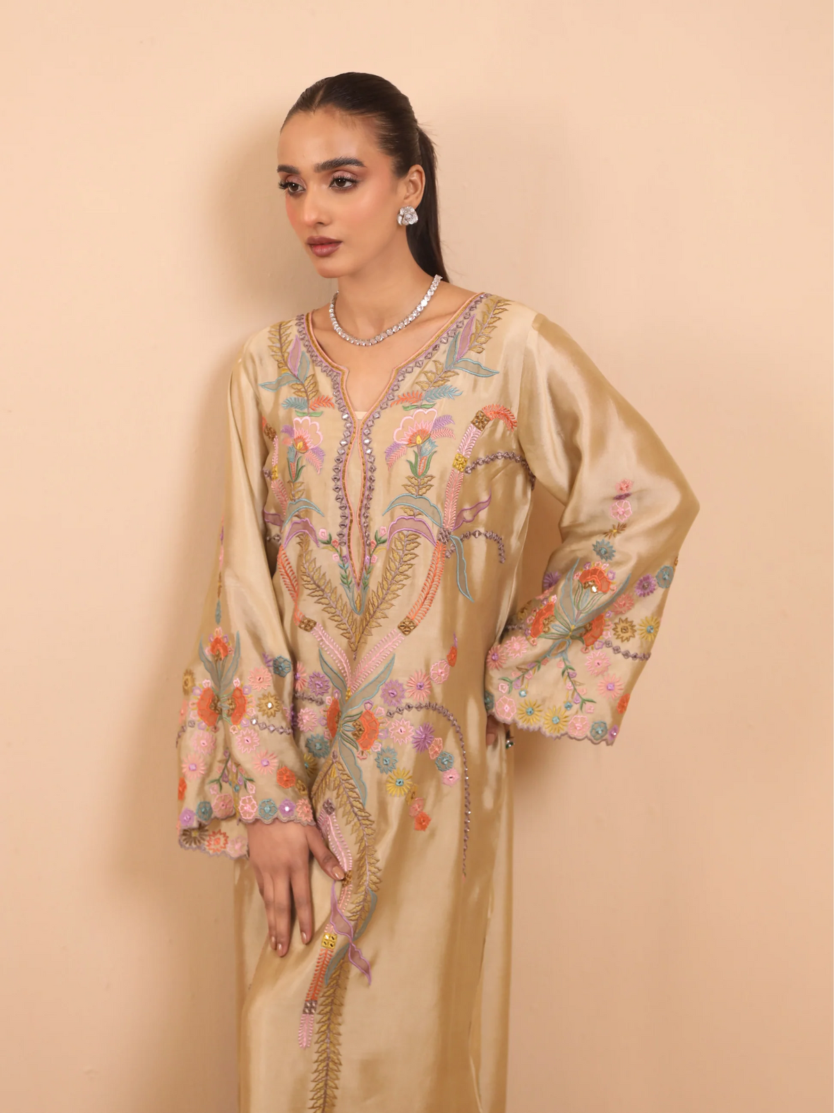 Champagne Beige Shisha Silk Embroidered Kaftan - Rahaa