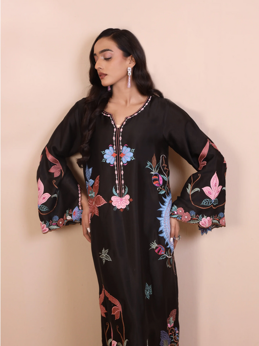 Black Silk Embroidered 3D Floral Kaftan - Mishka