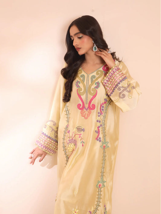 Butter Yellow Sheesha Silk Embroidered Kaftan - Reem