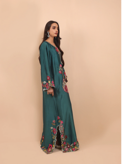 Emerald Green Silk Embroidered Kaftan - Nihaal