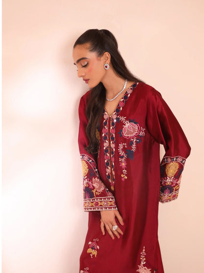 Maroon Silk Embroidered 3D Floral Kaftan - Mehmal