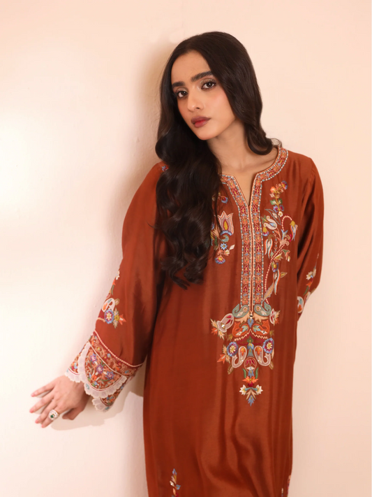 Rust Shisha Silk Embroidered Kaftan - Suriya