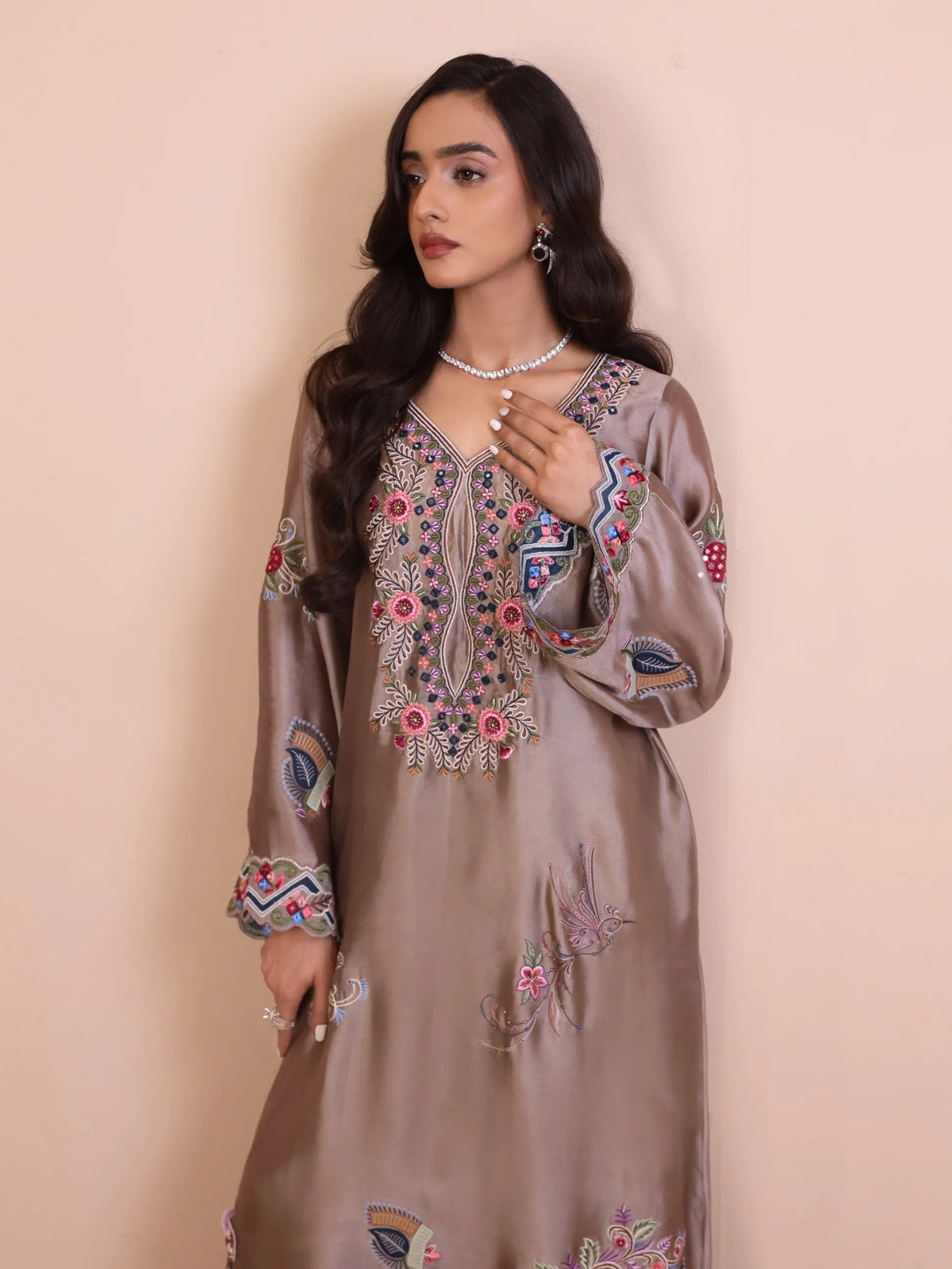Shisha Silk Embroidered 3D Floral Kaftan - Raya Taupe