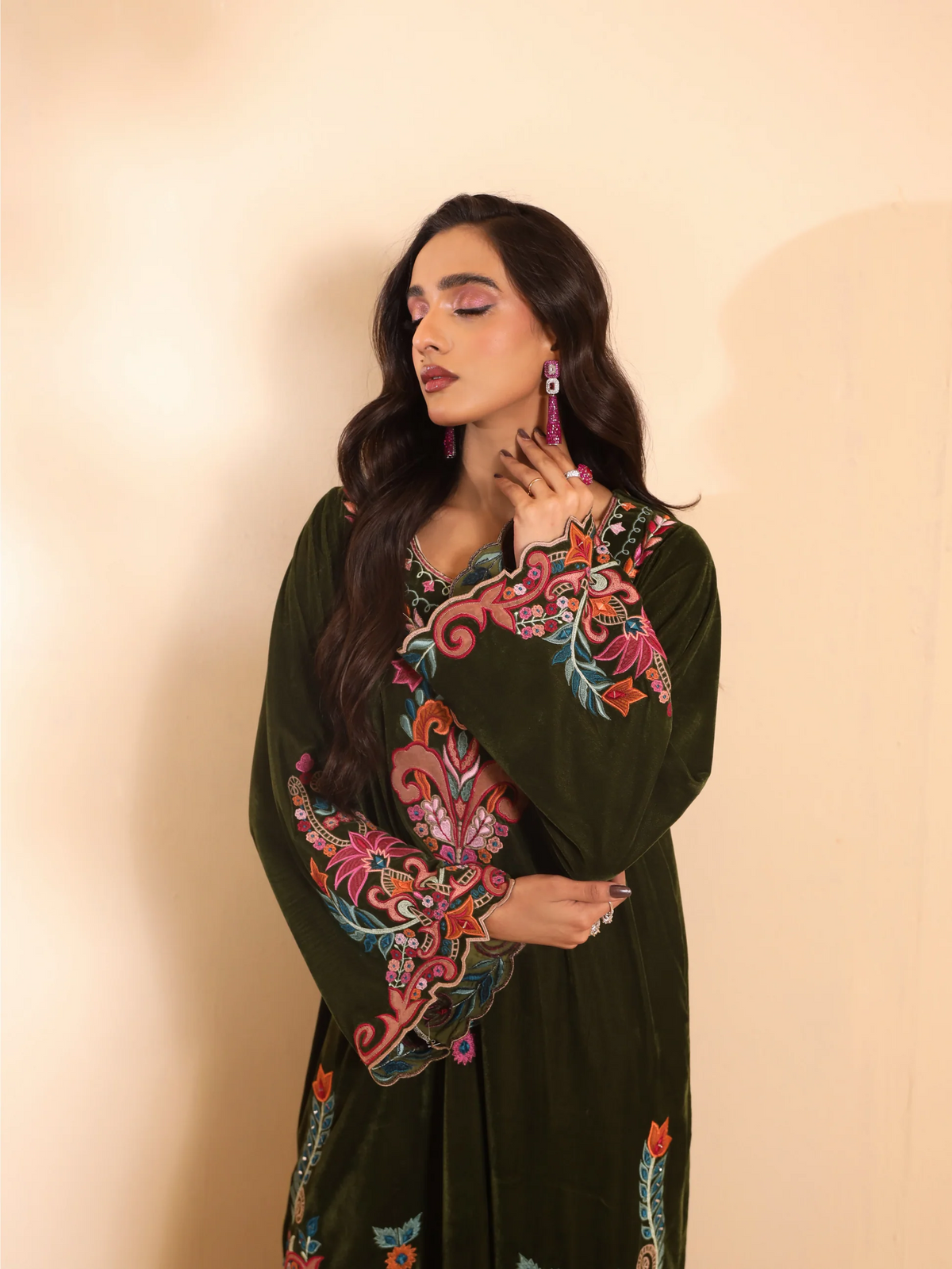 Olive Green Pure Velvet Embroidered Kaftan - Zara