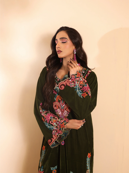 Olive Green Pure Velvet Embroidered Kaftan - Zara