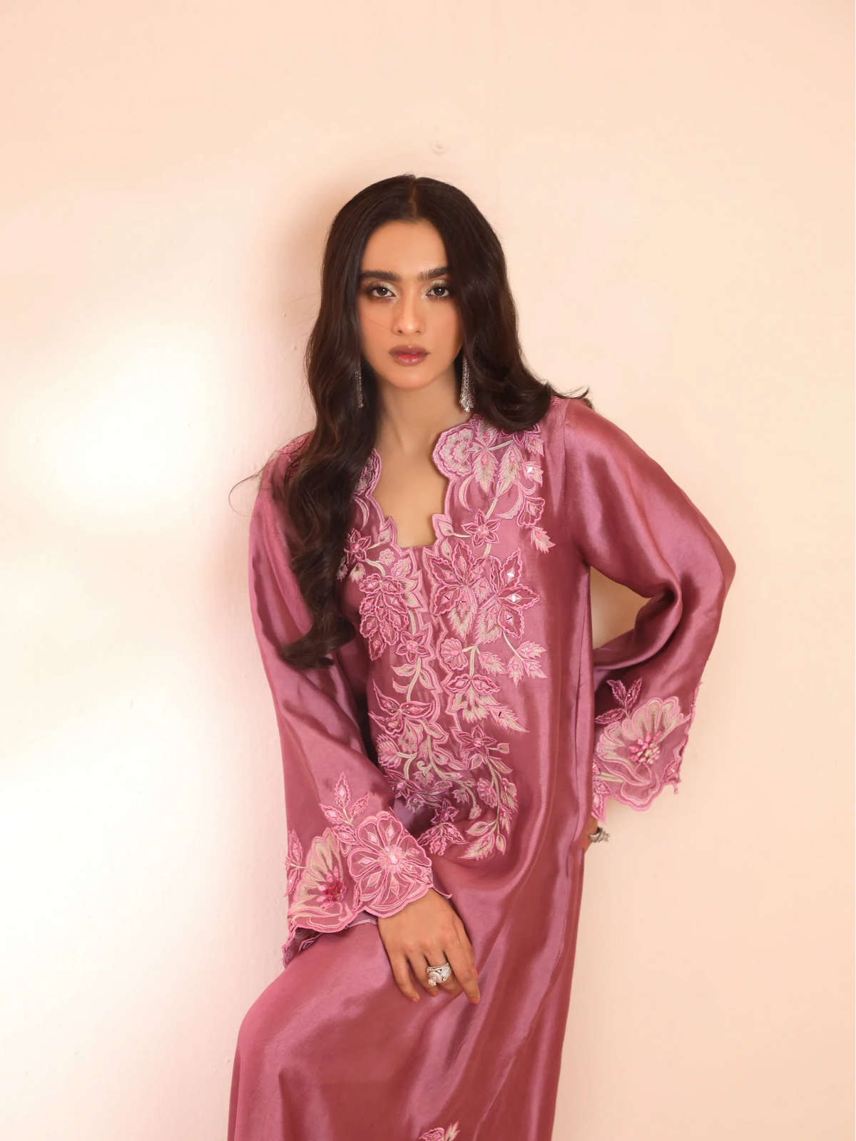 Pastel Pink Silk Embroidered Motif Kaftan with Tassels