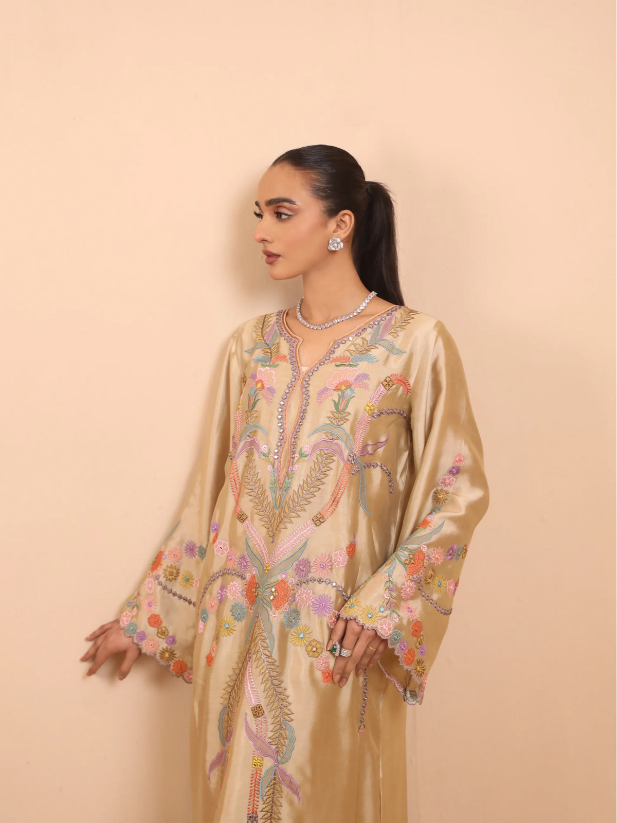 Champagne Beige Shisha Silk Embroidered Kaftan - Rahaa