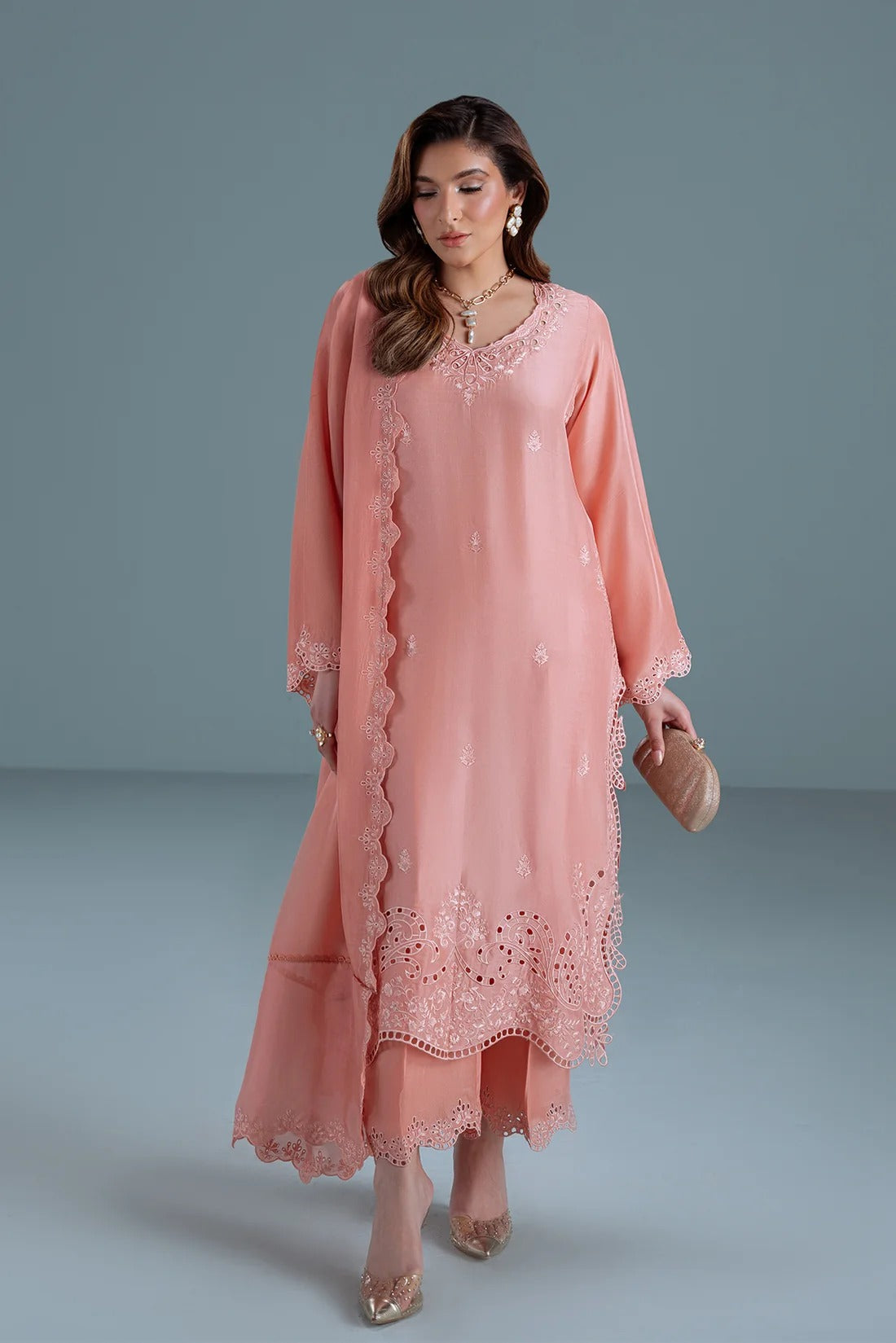 Peachy pink sheesha silk festive set TANYA-B with 3D boring shirt, embroidered trousers and scalloped silk dupatta