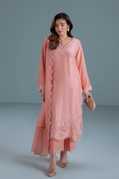 Peachy pink sheesha silk festive set TANYA-B with 3D boring shirt, embroidered trousers and scalloped silk dupatta