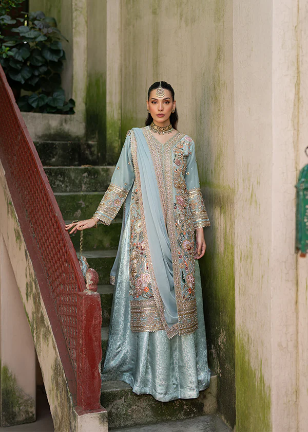 Woman in a ice-blue blue embroidered  pakistani festive suit Australia traditional outfit 