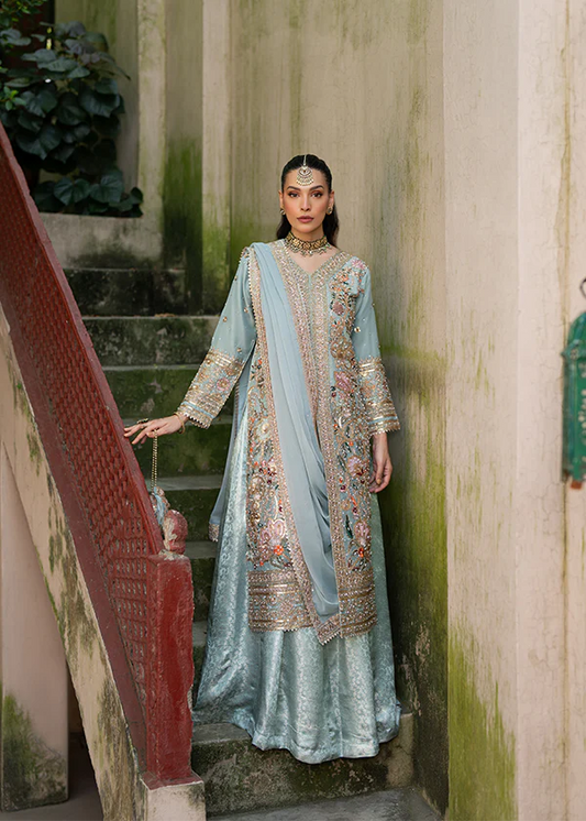 Woman in a ice-blue blue embroidered  pakistani festive suit Australia traditional outfit 
